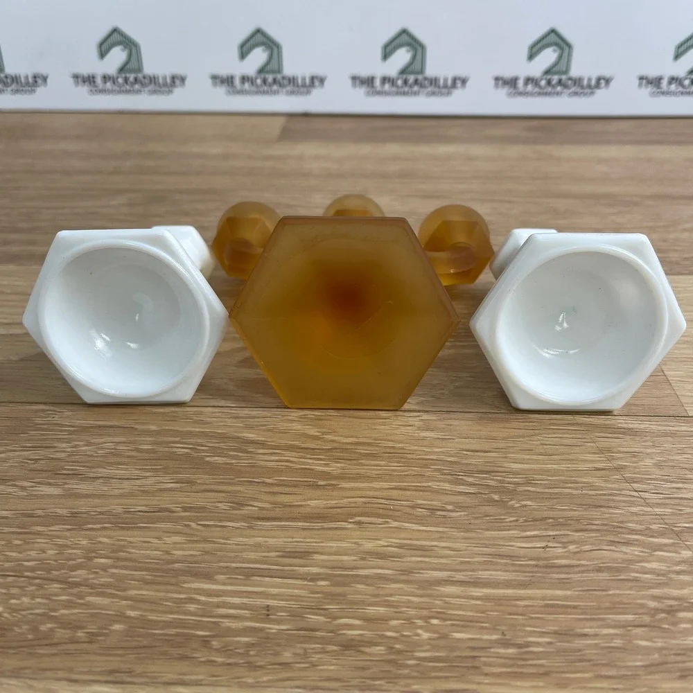 Vintage Amber Frosted Glass Candelabra and White Milk Glass Taper Holder Set 3pc